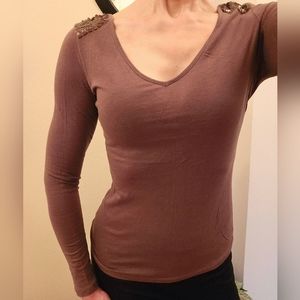Avon Mark long sleeve brown V-neck  tee with sequin / beaded shoulders size S